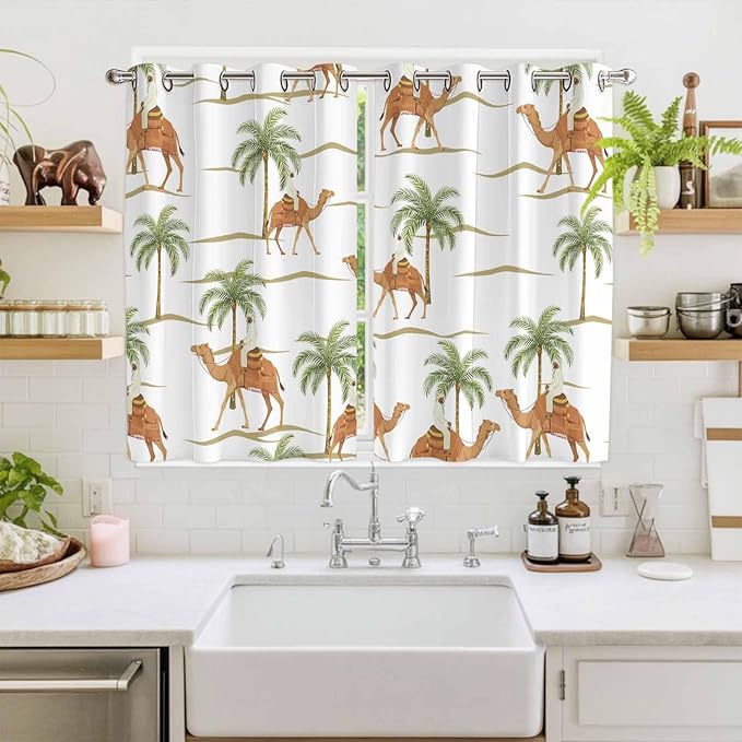 2 Panel Kitchen Cafe Curtains, Desert Camels Sunlight Filtering Nature Air Through, Home Decor Window Covering Tier Curtains for Bedroom Living Room 104W x 63L inch Tropical Date Palm Trees Animal