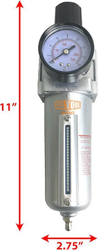 1/2" NPT HEAVY DUTY Compressed Air In Line Filter Regulator Combo Piggyback, Metal Bowl, 5 Micron Element, Adjustable From 7 to 215 PSI (MANUAL DRAIN)