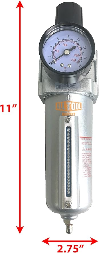 1/2" NPT HEAVY DUTY Compressed Air In Line Filter Regulator Combo Piggyback, Metal Bowl, 5 Micron Element, Adjustable From 7 to 215 PSI (MANUAL DRAIN)