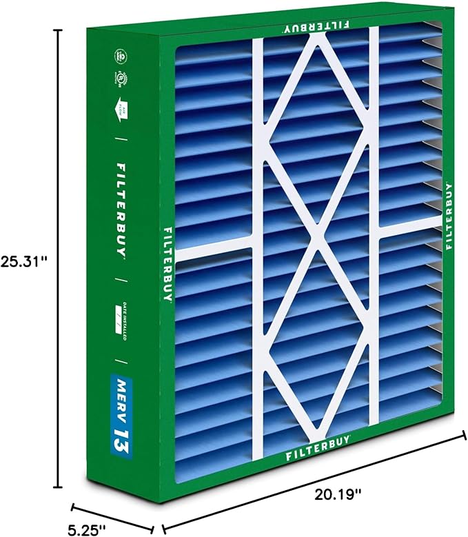 Filterbuy 20x25x5 Air Filter MERV 13 Optimal Smoke & Allergy Defense (3-Pack), Pleated HVAC AC Furnace Filters for Amana, Coleman, Goodman, Maytag, York, and More (Actual Size: 20.19 x 25.31 x 5.25)