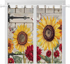 Red Yellow Sunflowers Bedroom Curtains 72 Inch Length, Window Curtains Tab Top, Retro Rustic Barn Doors Butterfly Brown Light Filtering Window Treatments Drapes 52"x72" 2 Panel