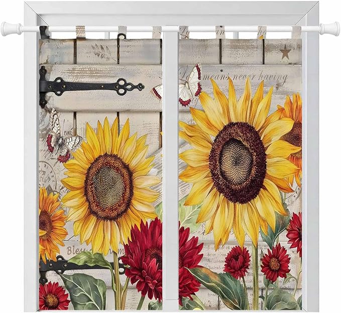 Red Yellow Sunflowers Bedroom Curtains 72 Inch Length, Window Curtains Tab Top, Retro Rustic Barn Doors Butterfly Brown Light Filtering Window Treatments Drapes 52"x72" 2 Panel