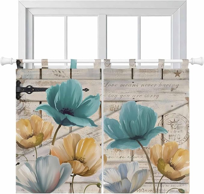 Watercolor Flowers Bedroom Curtains 63 Inch Length, Window Curtains Tab Top, Vintage Tulips Floral Barn Doors Wood Grain Light Filtering Window Treatments Drapes 42"x63" 2 Panel