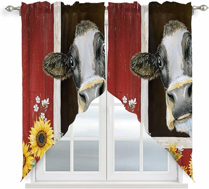 Cows Sunflowers Swag Valances for Windows, Rustic Farms Barns Flowers Bees Animals Rod Pocket Kitchen Curtains Valance, Kitchen Window Curtains Swag for Cafe Bathroom Living Room, 2 Panels, 36x63 inch