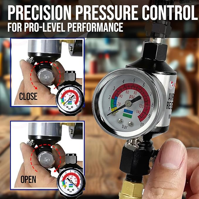 LE LEMATEC Spray Gun Regulator with Gauge & Water Separator - 1/4" NPT Inline Air Compressor Filter & Dryer - Precision Air Flow Control Valve for Paint Guns & Pneumatic Tools (150 PSI)