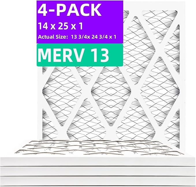 14x25x1 MERV 13 (4-Pack) Pleated Air Filter (Actual Size: 13.75"x24.75"x0.75") MPR 1900 & FPR 10, Furnace Air Filters