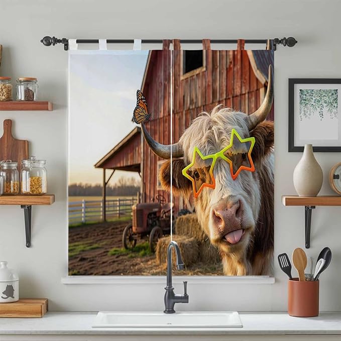 Farm Yaks Bedroom Curtains 72 Inch Length, Window Curtains Tab Top, Farmhouse Barn Funny Animals Butterfly Light Filtering Window Treatments Drapes 52"x72" 2 Panel