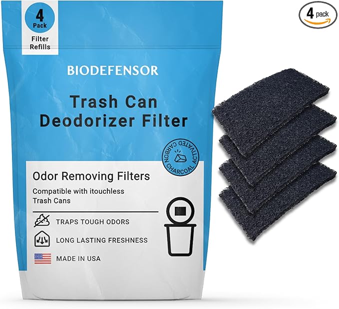 Biodefensor Carbon Odor Filter Compatible with Itouchless Trash Cans - Made in USA - Absorbs Odors, Stink, Diaper Smells & Garbage Deodorizer Eliminator, 4-Pack