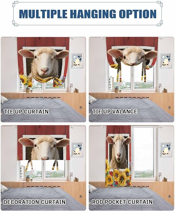Tie Up Curtains for Windows, Sheep Sunflower Adjustable Balloon Nature Linen Textured Kitchen Curtain, Country Red Farm Barn Spring Flowers Blackout Curtains for Living Room, 46 x 63 Inches