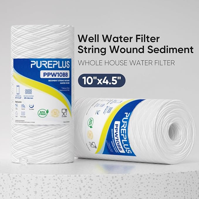 PUREPLUS 25 Micron 10 x 4.5 Whole House String Wound Sediment Filter for Well Water, Replacement Cartridge for 84637, WPX5BB97P, PC10, CW5-BBS, 355215-45, WP10BB97P, WP5BB97P, 3Pack