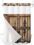Wood Barn Door No Hook Shower Curtain with Snap in Liner Set, Waterproof Shower Curtains for Bathroom, Wooden Plank Fabric Shower Curtain, See Through Mesh Top Window, 72" W x 84" L