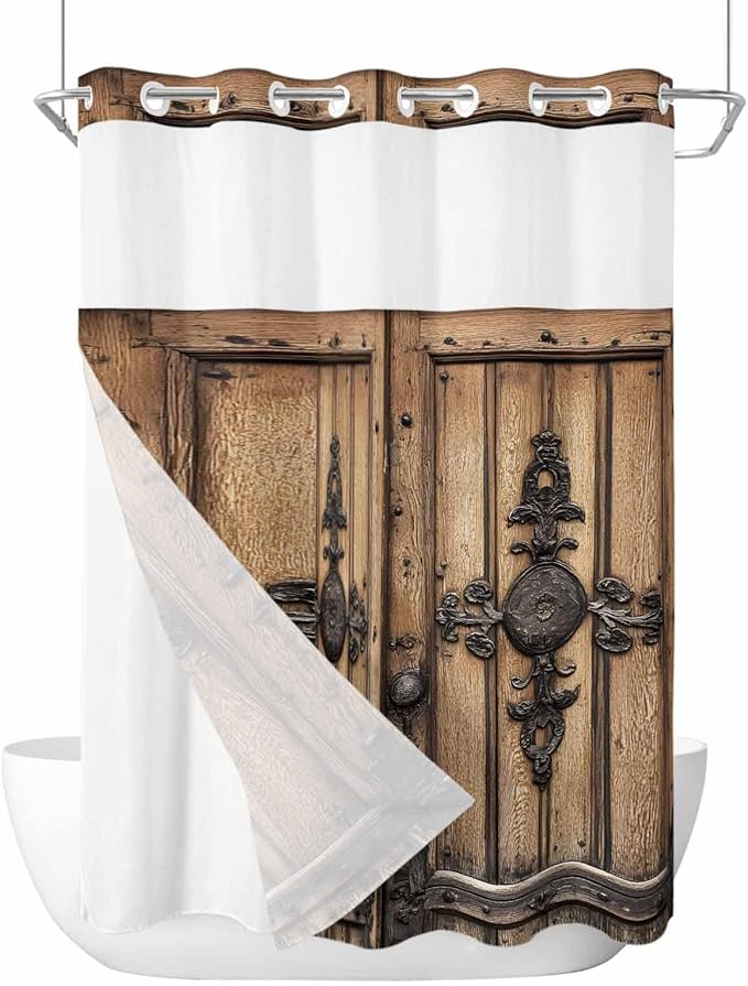 Wood Barn Door No Hook Shower Curtain with Snap in Liner Set, Waterproof Shower Curtains for Bathroom, Wooden Plank Fabric Shower Curtain, See Through Mesh Top Window, 72" W x 84" L