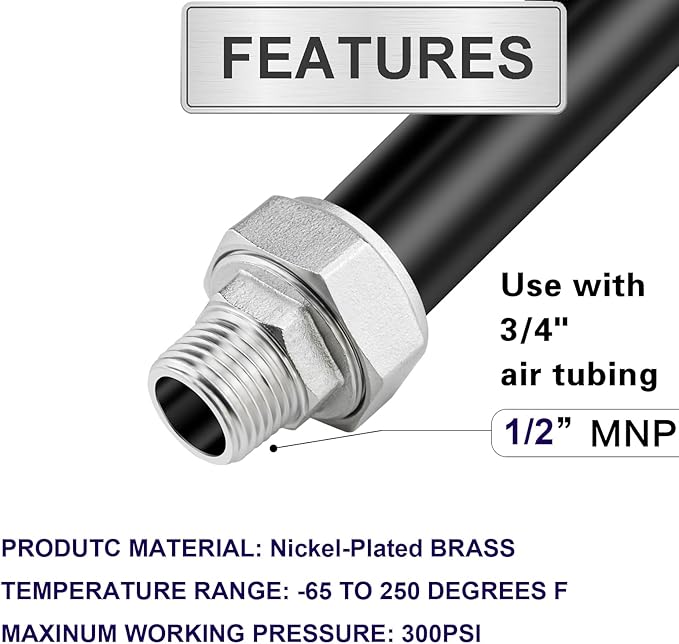 Jingzan Straight Air Piping Fitting,3/4"Piping x 1/2"Male NPT Adapter, Brass-Nickel Plated Fittings for Garage Shop Compressed Air Line Piping System (2 PACK 1/2 NPT x 3/4 Piping)