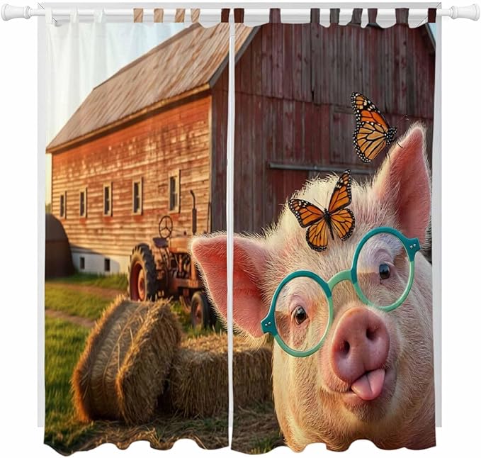 Farm Pig Living Room Curtains 96 Inch Length, Window Curtains Tab Top, Farmhouse Barn Funny Animals Butterfly Light Filtering Window Treatments Drapes 52"x96" 2 Panel