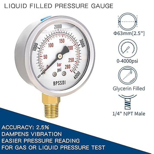 0-4000 Psi Glycerin Liquid Filled Hydraulic High Pressure Gauge, 2.5" Dial Size, 1/4" NPT Lower Mount, 304 Stainless Steel Case, for Water Oil Air Gas Pressure Test