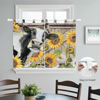 Retro Farmhouse Flower Kitchen Curtains 45 Inch Length, Short Cafe Window Curtains Tab Top, Yellow Sunflowers Cow Barn Doors Brown Light Filtering Window Treatments Tier Drapes 27.5"x45" 2 Panel