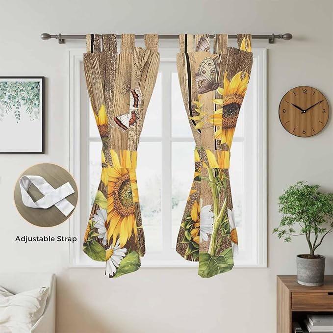 Farmhouse Sunflowers Living Room Curtains 84 Inch Length, Window Curtains Tab Top, Rustic Floral Buttterfly Wood Board Brown Light Filtering Window Treatments Drapes 42"x84" 2 Panel