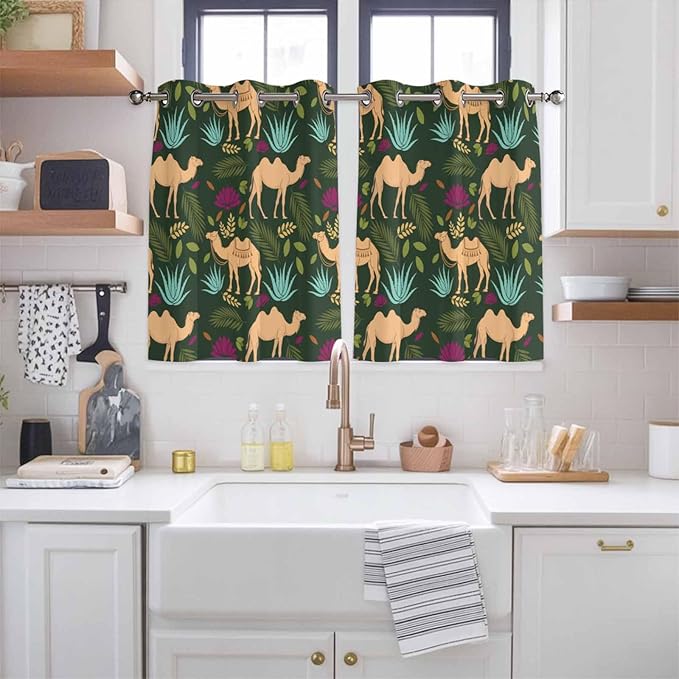 2 Panel Kitchen Cafe Curtains, Retro Desert Camel Sunlight Filtering Nature Air Through, Window Decor Tier Curtains for Living Room 104W x 52L inch Tropical Animal Aloe Vera Leaves Dark Green