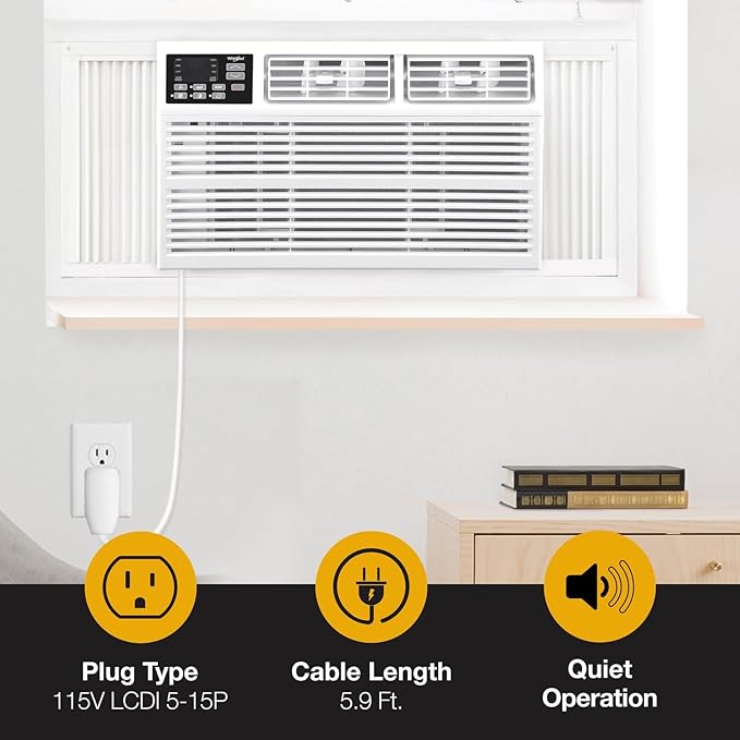 Whirlpool 10,000 BTU Window Air Conditioner with Dehumidifier, 115V, Window AC for Rooms up to 450 Sq. Ft., Living Room, Bedroom, or Kitchen, with Remote Control, Digital Display, and 24H-Timer, White