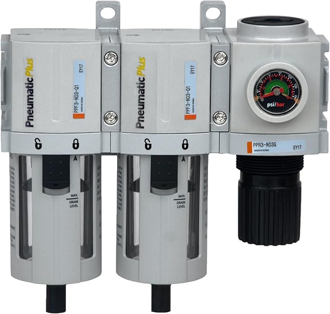 PneumaticPlus PPC3C-N03G 3-Stage Compressed Air Dryer System – 3/8" NPT, Particulate & Coalescing Filter, Regulator Combo – Poly Bowl, Manual Drain, Clean Dry Compressed Air