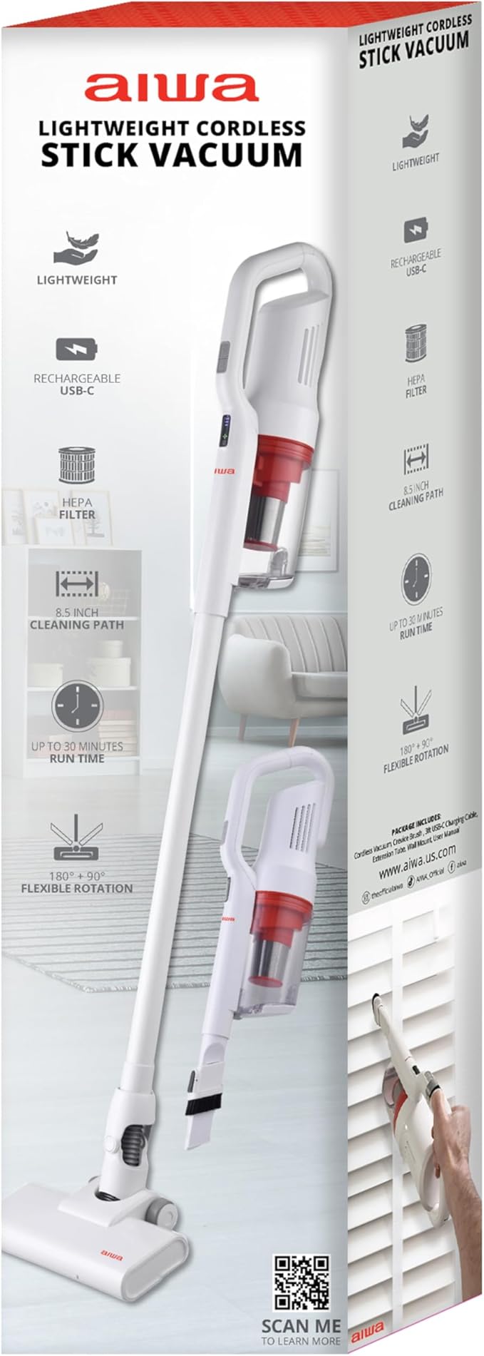 Aiwa Cordless Vacuum Cleaner, 2200mAh Rechargeable Battery Powered Stick Vacuum, up to 30 Minutes, Lightweight, Washable HEPA Filter, 20 oz Dust Bin, 2-Speed, for Carpet, Hardwood Floors & Pet Hair