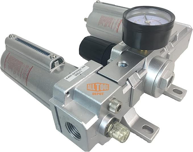 1/2" NPT HEAVY DUTY Compressed Air In Line Filter Regulator Lubricator Oiler Combo, Metal Bowl, 5 Micron Element, Adjustable From 7 to 215 PSI (MANUAL DRAIN)