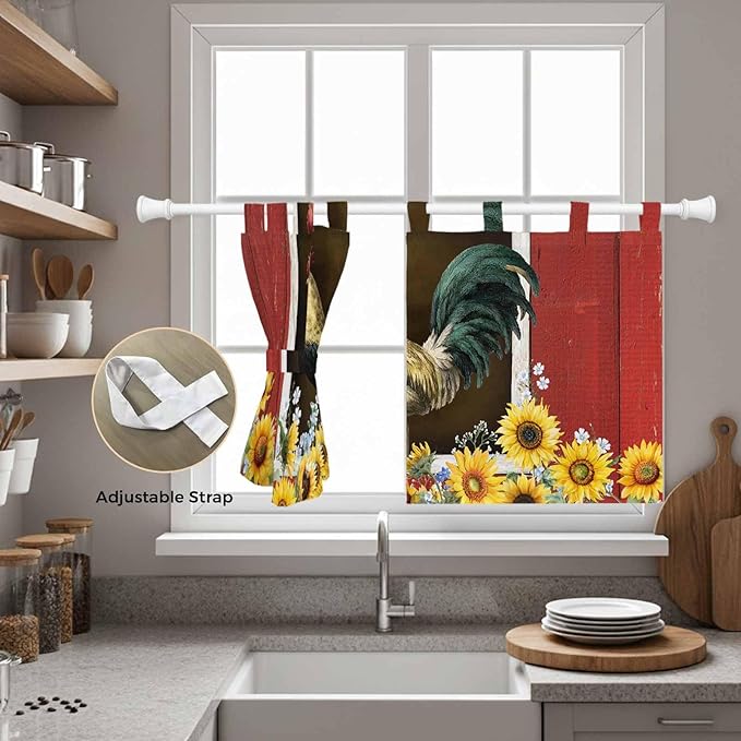 Chicken Sunflowers Kitchen Curtains 36 Inch Length, Small Window Curtains Tab Top, Farmhouse Animals Red Barn Bees Light Filtering Short Window Treatments Tier Drapes 27.5"x36" 2 Panel