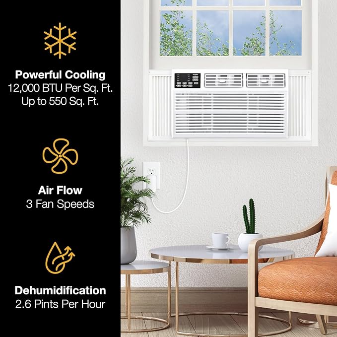 Whirlpool 12,000 BTU 115V Window-Mounted Air Conditioner with Remote Control, Window AC for Rooms up to 550 Sq.Ft, LCD Display, Auto-Restart, 24H Timer, White