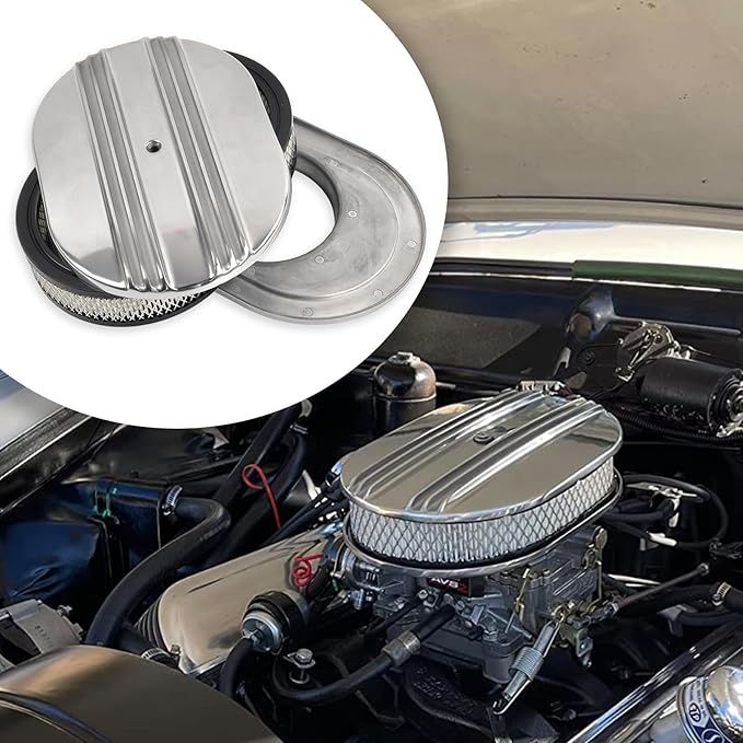 12" Air Cleaner Kit Polished Aluminum Oval Half Finned Compatible with Classic Chevy Ford SBC 350