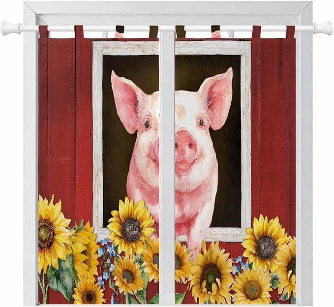Pigs Sunflowers Bathroom Curtains 63 Inch Length, Window Curtains Tab Top, Farmhouse Red Barn Flowers Animals Light Filtering Window Treatments Drapes 52"x63" 2 Panel