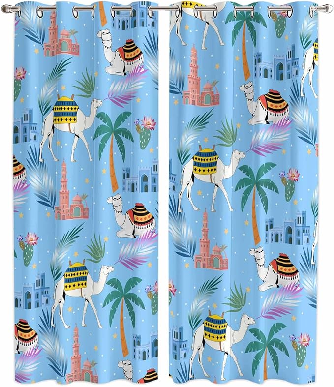 2 Panel Kitchen Cafe Curtains, Desert Landscape Sunlight Filtering Nature Air Through, Home Decor Window Covering Tier Curtains for Living Room 80W x 84L inch Cute Camels Palm Trees Houses Leaves Blue