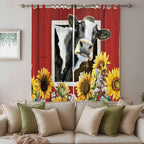 Cows Sunflowers Living Room Curtains 84 Inch Length, Window Curtains Tab Top, Spring Botanical Floral Bees Red Barn Light Filtering Window Treatments Drapes 52"x84" 2 Panel