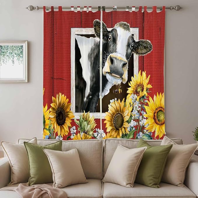 Cows Sunflowers Living Room Curtains 96 Inch Length, Window Curtains Tab Top, Spring Botanical Floral Bees Red Barn Light Filtering Window Treatments Drapes 52"x96" 2 Panel