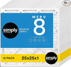 Simply 25x25x1 Air Filter, MERV 8, 12 Pack, For Home AC Furnace & HVAC (Actual Size: 24.75"x24.75"x0.75") DUST, Pet, & Allergy Control