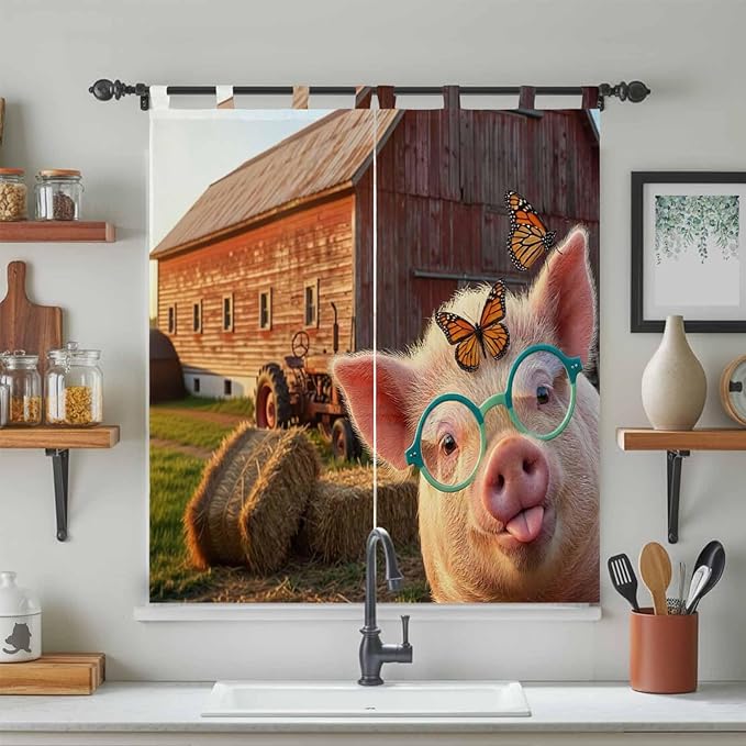 Farm Pig Bedroom Curtains 72 Inch Length, Window Curtains Tab Top, Farmhouse Barn Funny Animals Butterfly Light Filtering Window Treatments Drapes 52"x72" 2 Panel