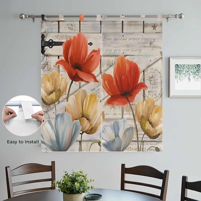 Retro Floral Bathroom Curtains 63 Inch Length, Window Curtains Tab Top, Red Yellow Tulips Barm Doors Farmhouse Wooden Light Filtering Window Treatments Drapes 52"x63" 2 Panel