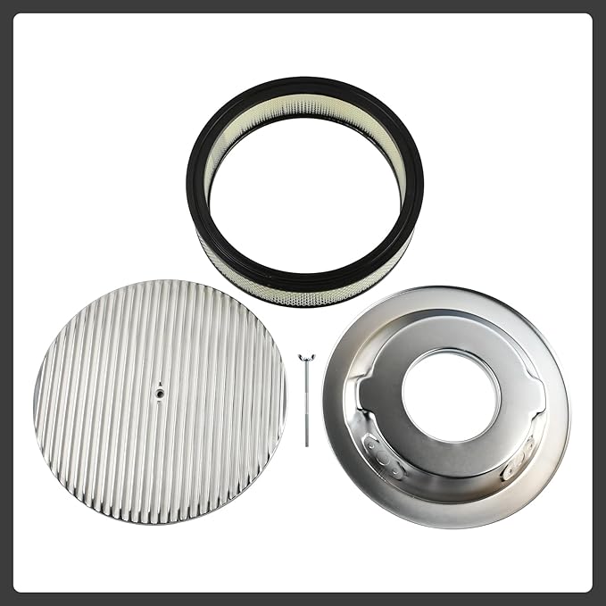 14 x 3 Inch Round Polished Air Cleaner Kit Fully Finned Top with Flat Style Base Compatible with Chevy Ford GM