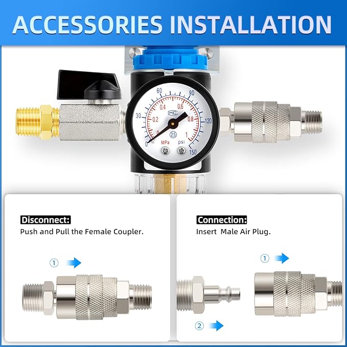 MEANLIN Air Compressor Moisture Filter, AFR2000 Air Line Filter, 1/4" NPT Inlet with 150 PSI Gauge and Valve Shut Off Switch for Air Tools and and Spray Paint Gun