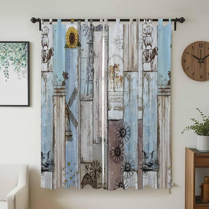 Blue Grey Wooden Living Room Curtains 96 Inch Length, Window Curtains Tab Top, Farmhouse Barn Sunflowers Retro Light Filtering Window Treatments Drapes 52"x96" 2 Panel
