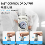 3/8" NPT Air Compressor Water Separator Regulator Filter Combo Compressed Air Filter Dryer Pressure Regulator with Gauge(0-150 psi) Poly Bowl Auto Drain Bracket - 3 in 1 Two Unit