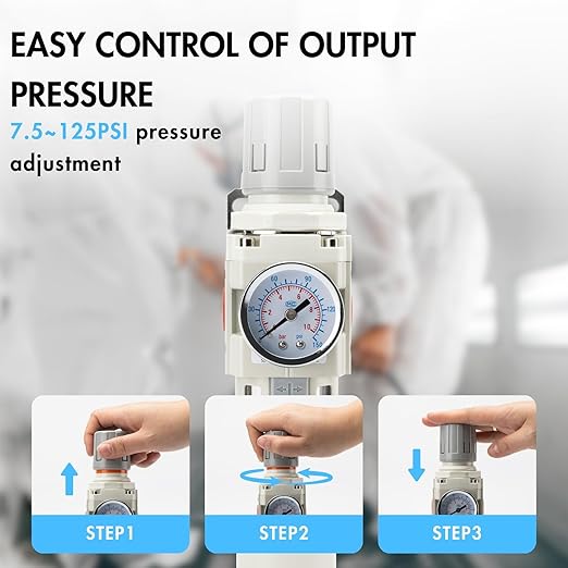 3/8" NPT Air Compressor Water Separator Regulator Filter Combo Compressed Air Filter Dryer Pressure Regulator with Gauge(0-150 psi) Poly Bowl Auto Drain Bracket - 3 in 1 Two Unit