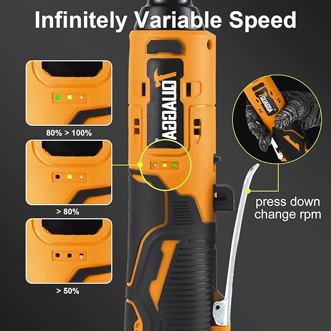 3/8" Cordless Electric Ratchet Wrench Set, 18V Power Ratchet Tool Kit With 2 Packs 2000mAh Battery And Charger, 45 FT-LBS Battery Powered Extended Wrench with LED Lights (18 V Extended Orange)