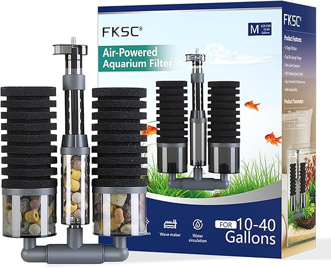 Dual Sponge Aquarium Filter, Air-Powered, 10–40 Gal – Ultra-Quiet Bio-Sponge Filtration | Freshwater & Saltwater | Easy Setup