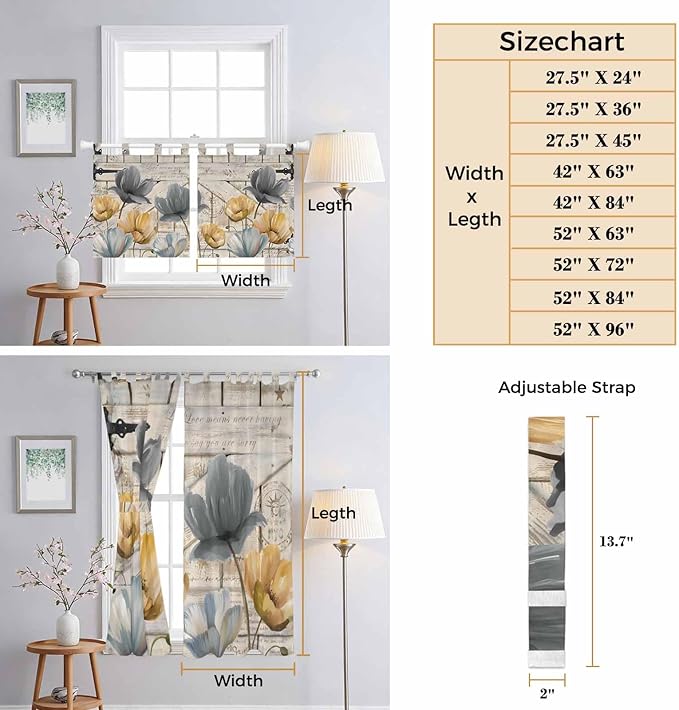 Spring Tulips Flower Living Room Curtains 84 Inch Length, Window Curtains Tab Top, Vintage Floral Barn Doors Rustic Beige Light Filtering Window Treatments Drapes 42"x84" 2 Panel