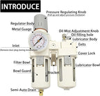 YSIL 1/2" NPT Compressed Air Filter Regulator Lubricator Two Units Combo Air Pressure Regulator with Gauge(0-150PSI) Water/Oil Trap Separator,Semi-Auto Drain,Poly Bowl with Metal Guard,Bracket