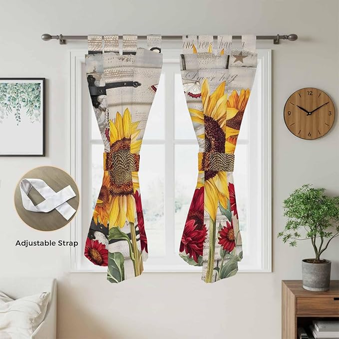 Red Yellow Sunflowers Living Room Curtains 84 Inch Length, Window Curtains Tab Top, Retro Rustic Barn Doors Butterfly Brown Light Filtering Window Treatments Drapes 42"x84" 2 Panel