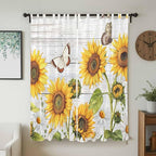 Yellow Sunflowers Living Room Curtains 84 Inch Length, Window Curtains Tab Top, Vintage Country Flowers Butterfly Wood Board Light Filtering Window Treatments Drapes 52"x84" 2 Panel