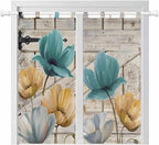 Watercolor Flowers Bathroom Curtains 63 Inch Length, Window Curtains Tab Top, Vintage Tulips Floral Barn Doors Wood Grain Light Filtering Window Treatments Drapes 52"x63" 2 Panel