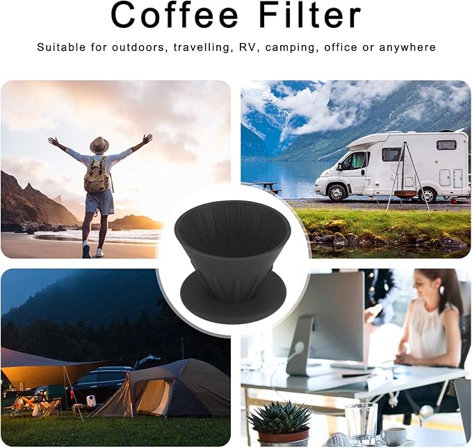 Reusable Silicon Resin Coffee Filter Strainer Dripper Portable Coffee Machine Accessory for Home Outdoor Camping Office Travel Lightweight Durable Easy Clean (Black)