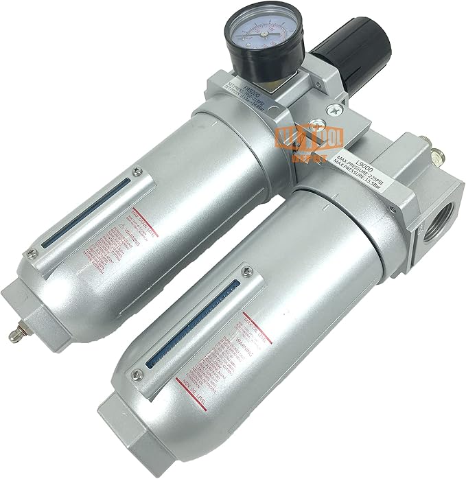 1" NPT SUPER DUTY Compressed Air In Line Filter Regulator Lubricator Oiler Combo Piggyback, Metal Bowl, 5 Micron Element, Adjustable From 7 to 215 PSI (MANUAL DRAIN)